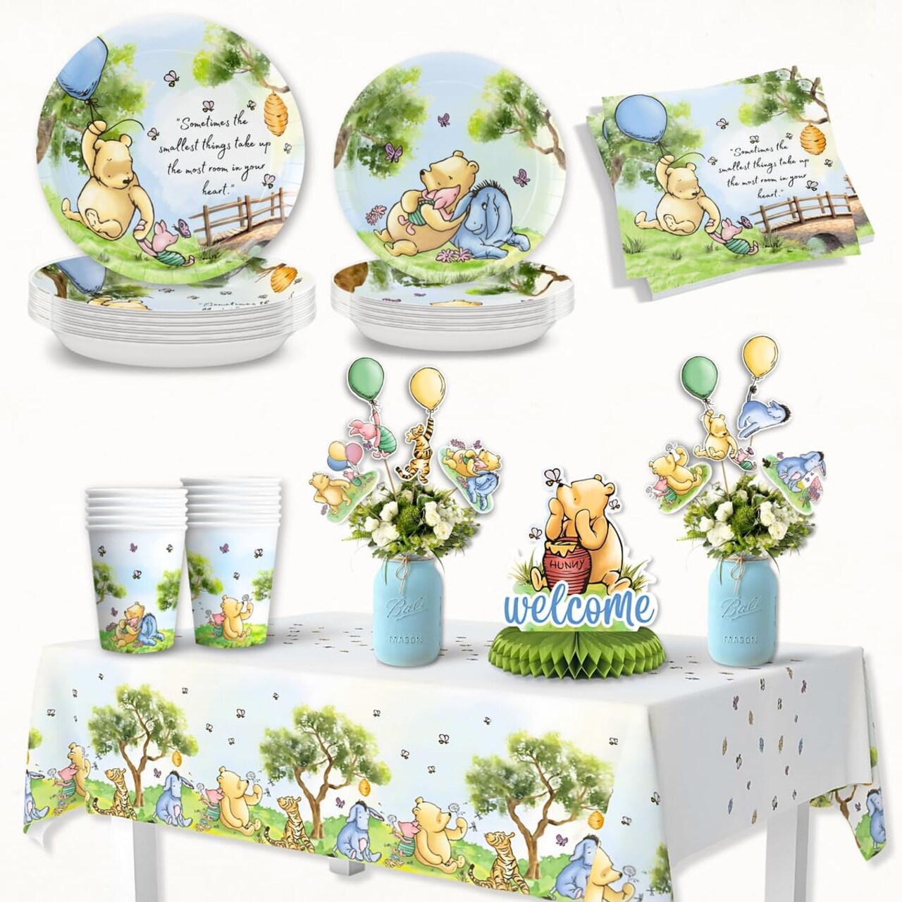 106 Pc Winnie Baby Shower Decorations Set Winnie Bear (Green, Blue)